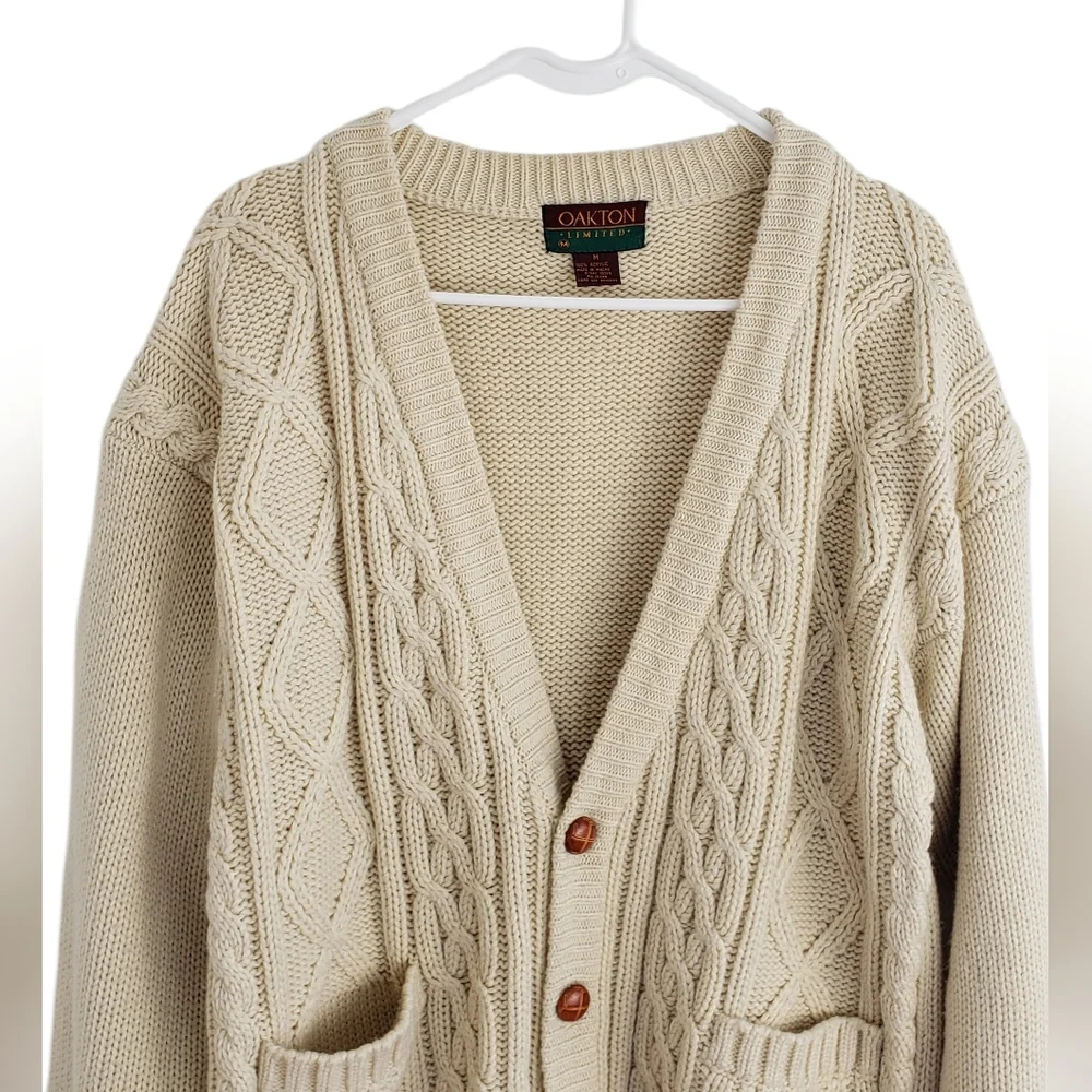 Oakton Limited 90s Chunky Cable Knit Cable Cardigan Sweater Beige Sz M Grandpa